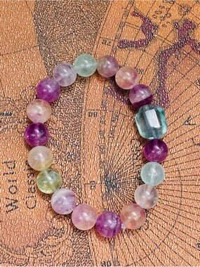 Rainbow Fluorite Bead Stretch Bracelet - Elegant Gemstone Jewelry